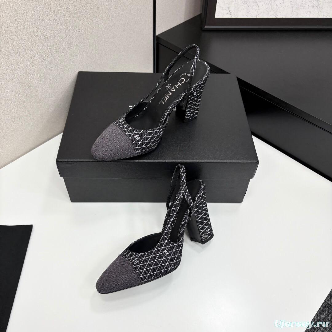 2025 Women Chanel Black Grey Fabric Slingback Heels LY00270