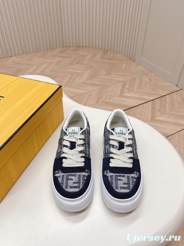 2025 Women Fendi Navy Grey Leather Canvas Sneakers LY00340