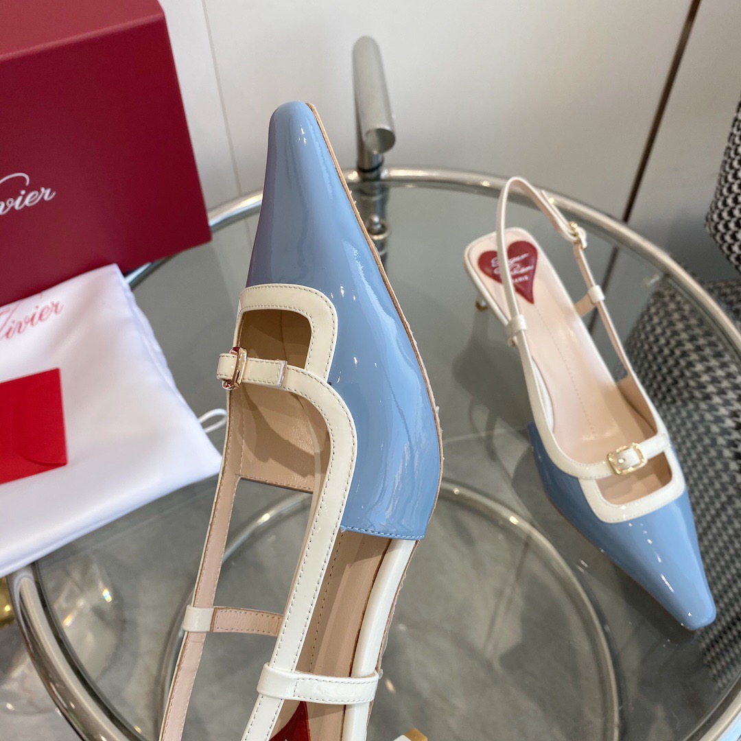 2025 Women Roger Vivier Blue White Patent Leather Slingback Pumps KFY00340