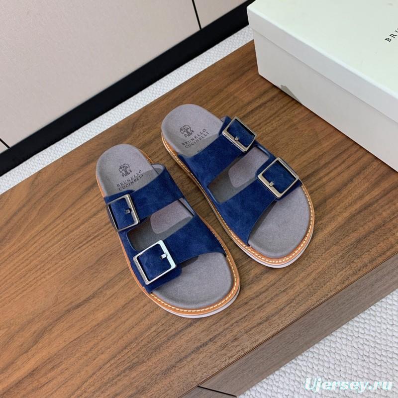 2025 Unisex Brunello Cucinelli Blue Suede Leather Slippers KFY00250