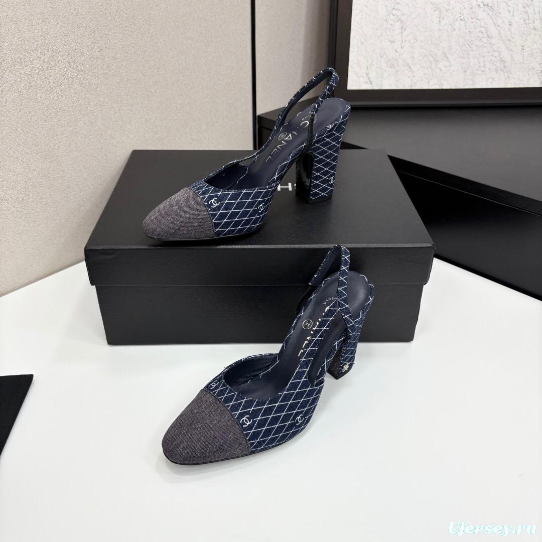 2025 Women Chanel Blue Denim Fabric Slingback Shoes