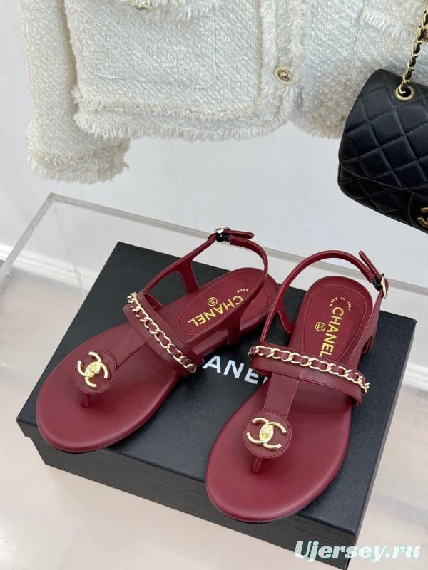 2025 Women Chanel Red Leather Sandals Chain Decoration