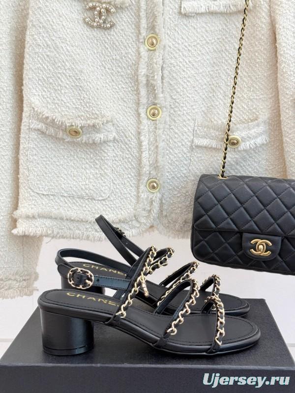 2025 Women Chanel Black Leather Sandals Chain KFY00270
