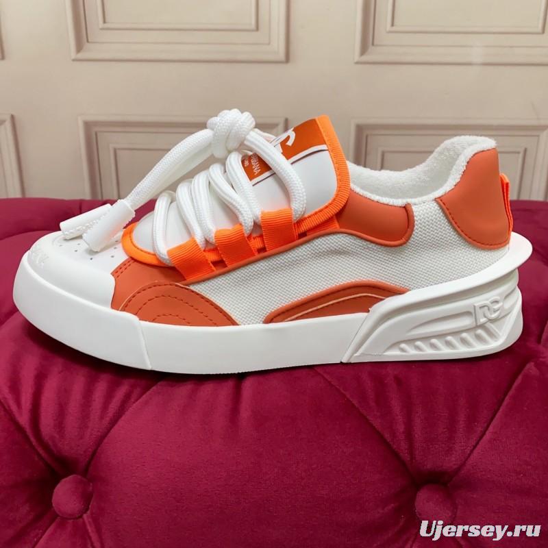 2025 Unisex Dolce & Gabbana Orange White Mesh Leather Sneakers