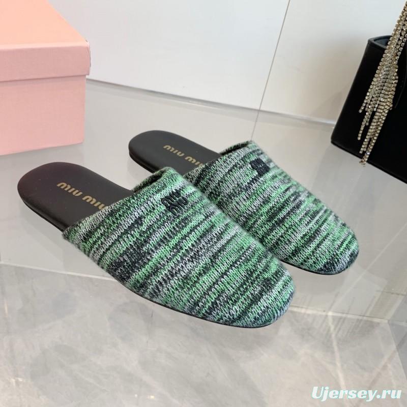 2025 Miu Miu Green Black Fabric Slippers