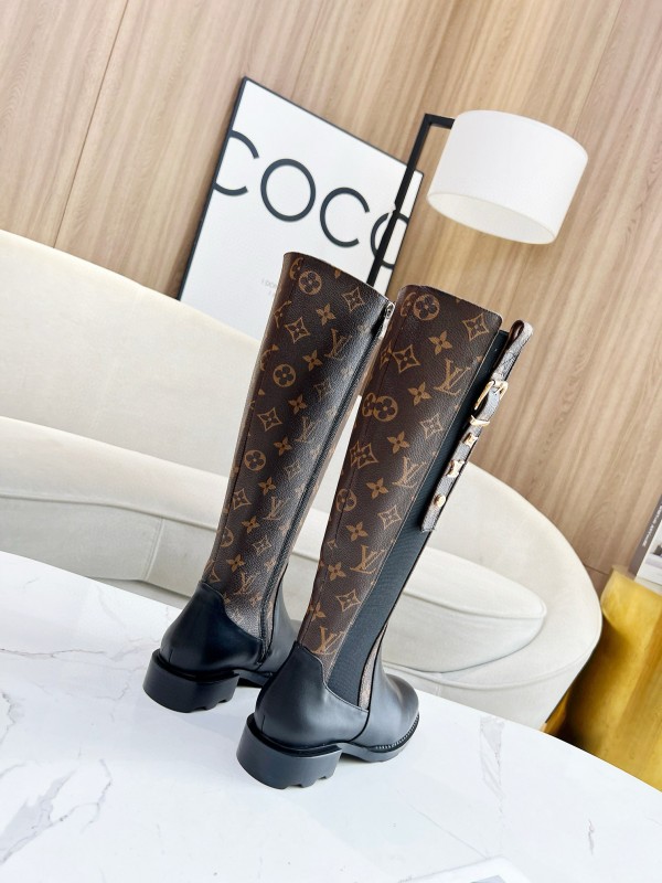 2024 Women Louis Vuitton Brown Black Leather Canvas Boots MJ00430