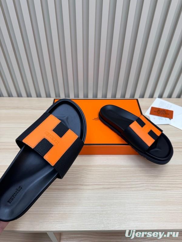 2025 Women Hermès Black Orange Leather Slippers
