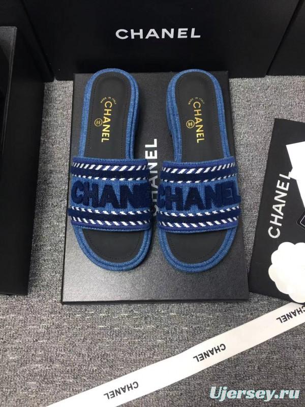 2025 Slippers Chanel Blue Fabric Slippers LY00270