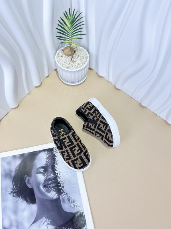 2024 Kids Fendi Black Brown Canvas Slip-On Shoes