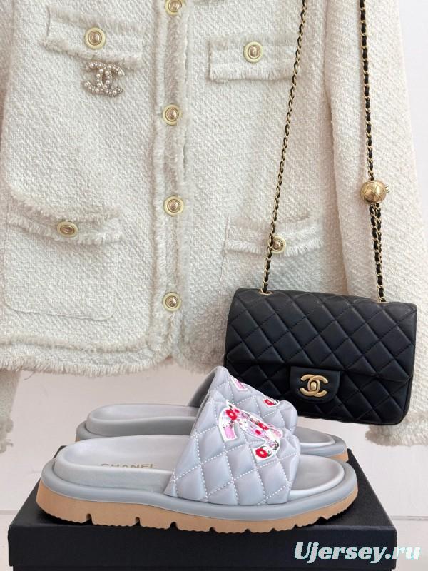 2025 Slippers Chanel Silver Floral Embroidery Leather Slippers KFY00260