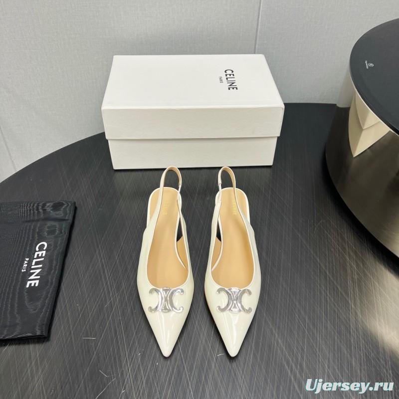 2025 Women Celine White Patent Leather Kitten Heel Pointed Toe Trimed KFY00290