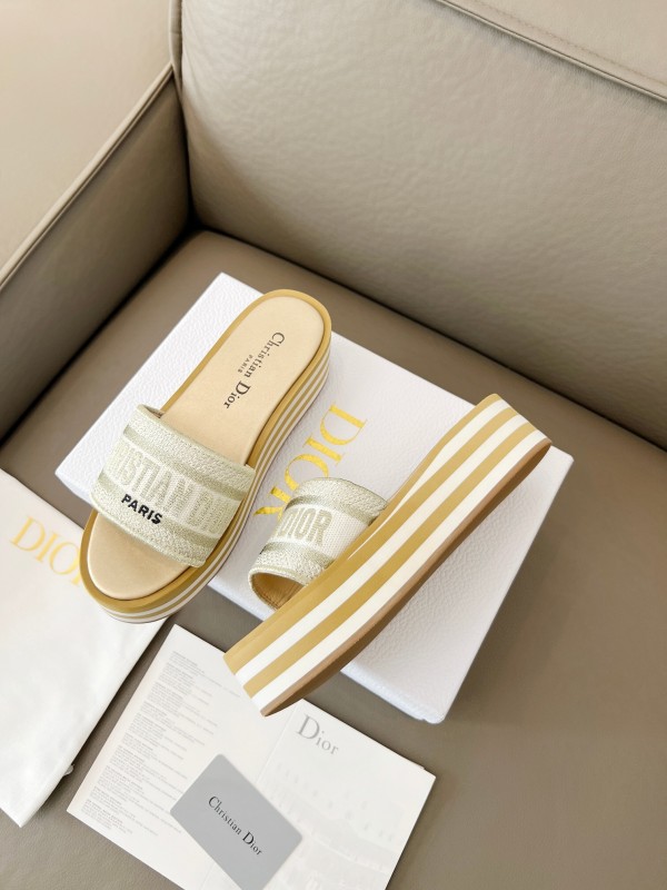 2025 Women Dior White Beige Canvas Platform Slippers
