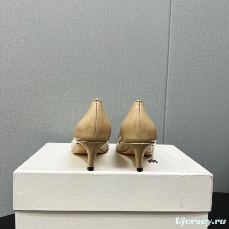 2025 Women Celine Beige Patent Leather Pointed Toe Heel Metal Ornament KFY00290