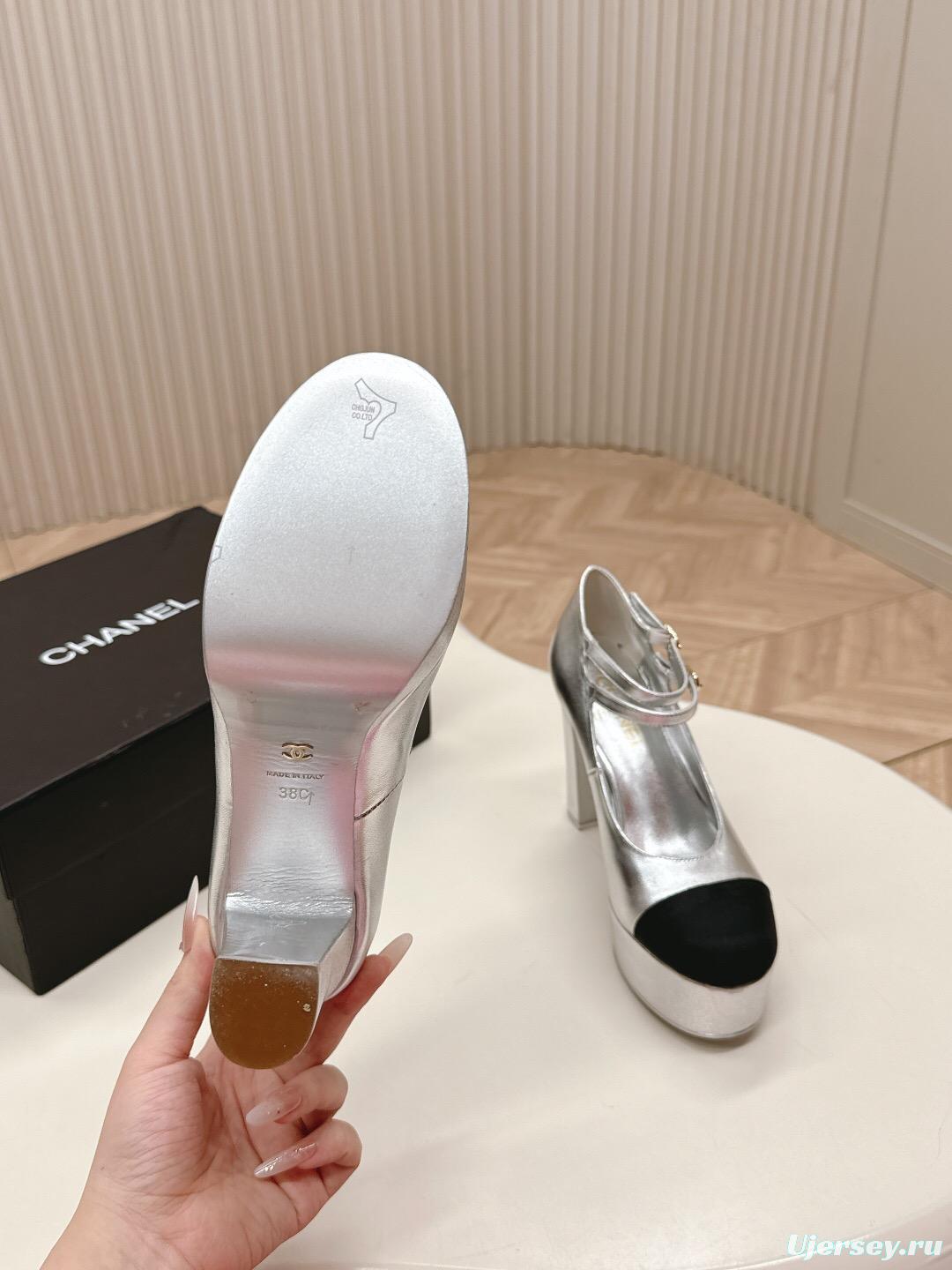 2025 Women Chanel Silver Black Leather Mary Jane Platform Heels