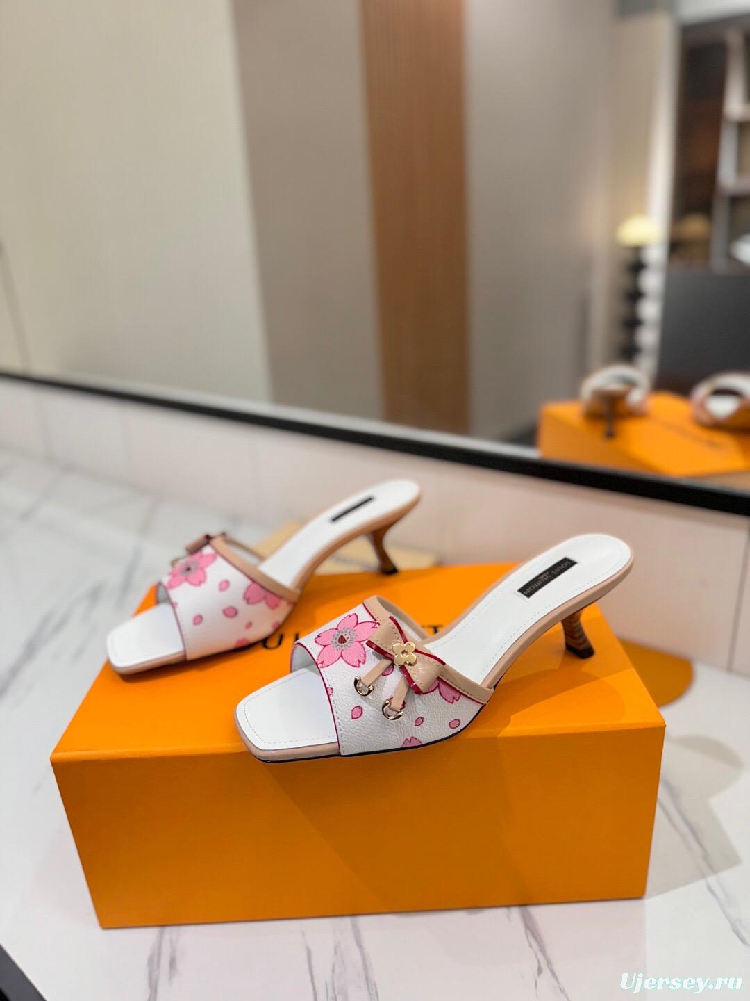 2025 Women LV White Pink Leather Floral Sandals