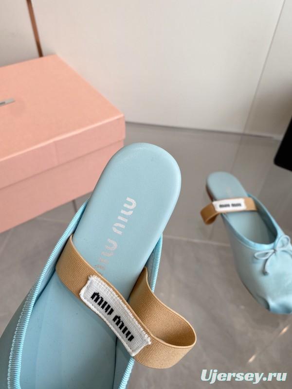 2025 Women Miu Miu Light Blue Satin Slip-On Ballet Flats KFY00280