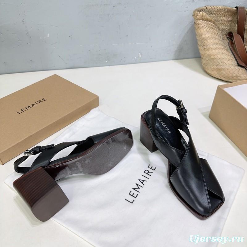 2025 Women Lemaire Black Leather Block Heel Sandals