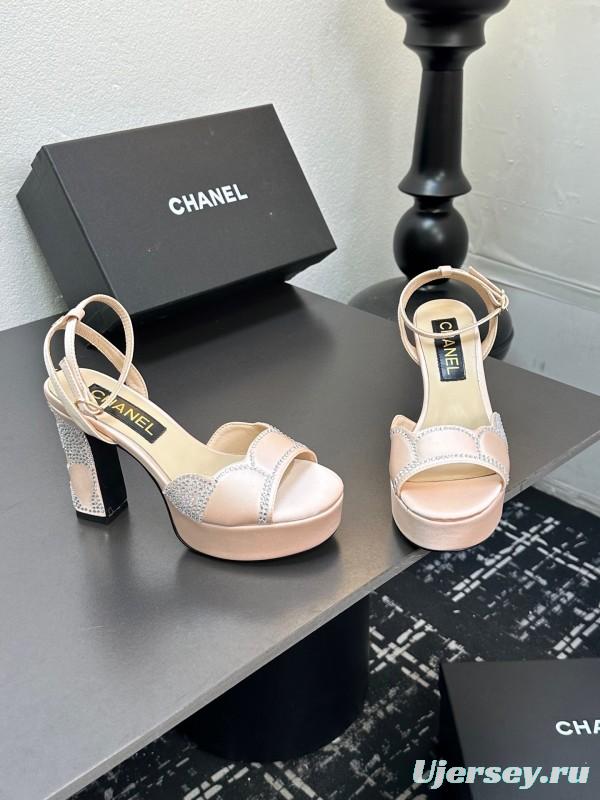 2025 Women Chanel Pink Satin Rhinestone Platform Sandals KFY00320