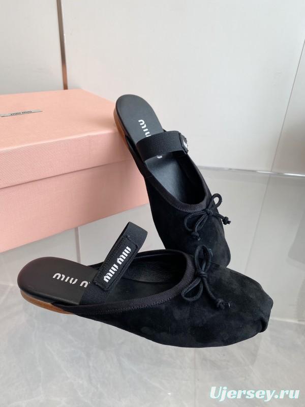 2025 Women Miu Miu Black Suede Ballet Flat Elastic Band Ballerina Slippers KFY00280