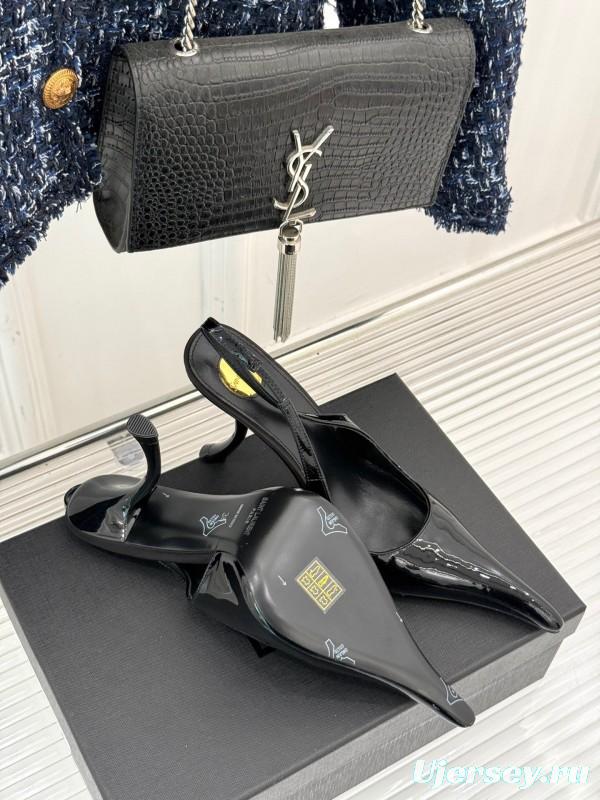 2025 Women YSL Black Patent Leather High Heel Slingback KFY00290