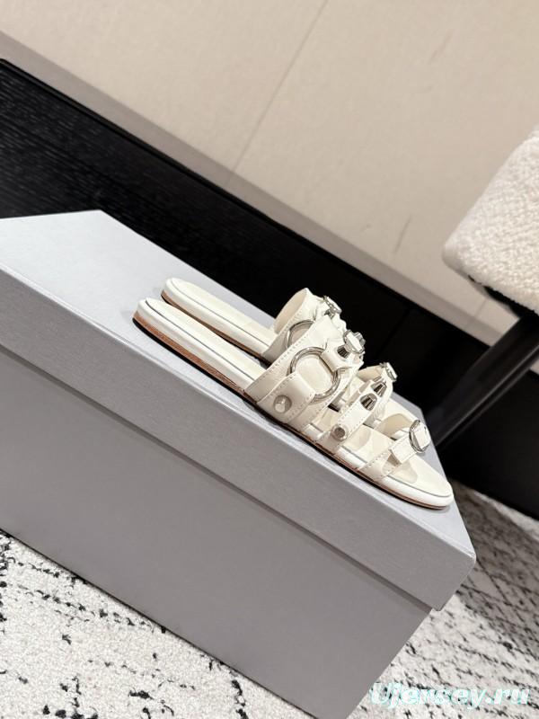 2025 Slippers Balenciaga White Leather Metal Studs KFY00289