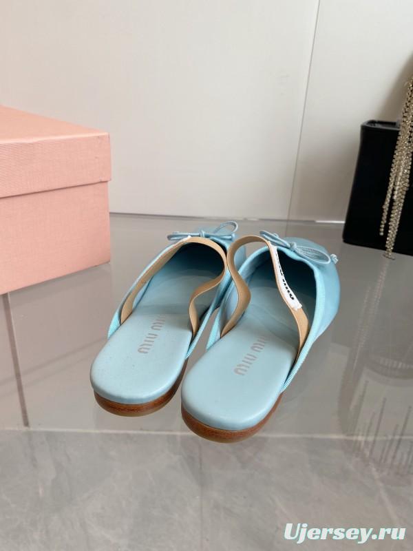 2025 Women Miu Miu Light Blue Satin Slip-On Ballet Flats KFY00280