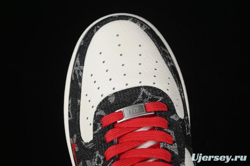 Nike Air Force 1 '07 Low LV Collaboration Black Denim Red Swoosh Casual Sneakers - LW9279-001