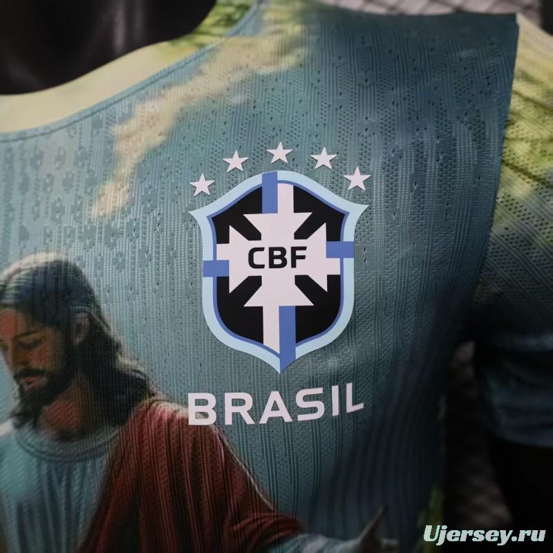 Player Version 2025 Brazil Light Blue with Jesus Christ Religious Artwork Jersey