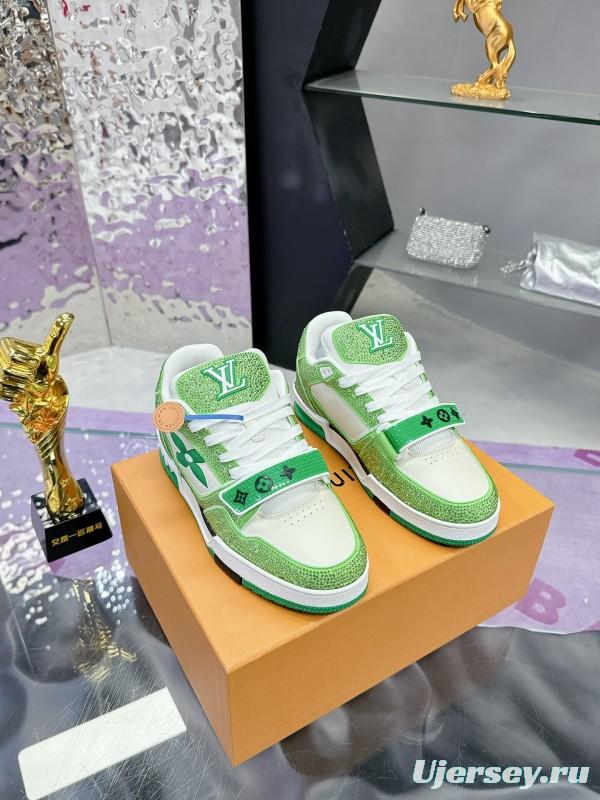 2025 Unisex Louis Vuitton Green White Leather Fabric Plimsolls Handmade Crystal Detailing AS00400