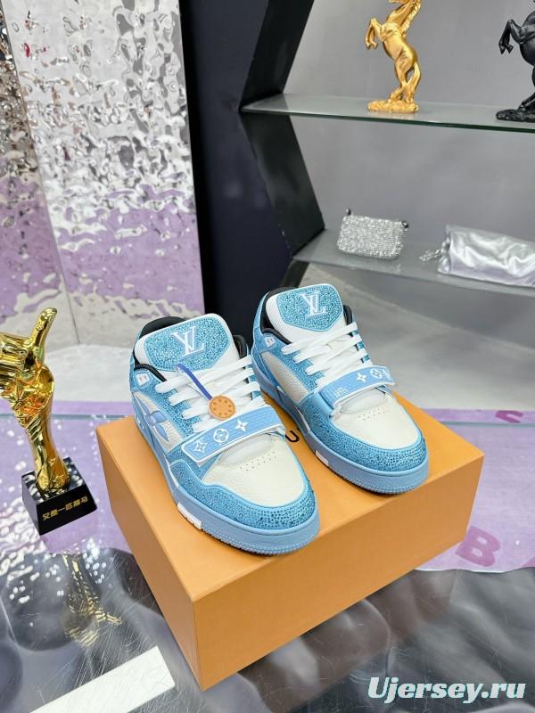 2025 Unisex Louis Vuitton Blue White Leather Denim Plimsolls Beaded LV Trainer AS00400
