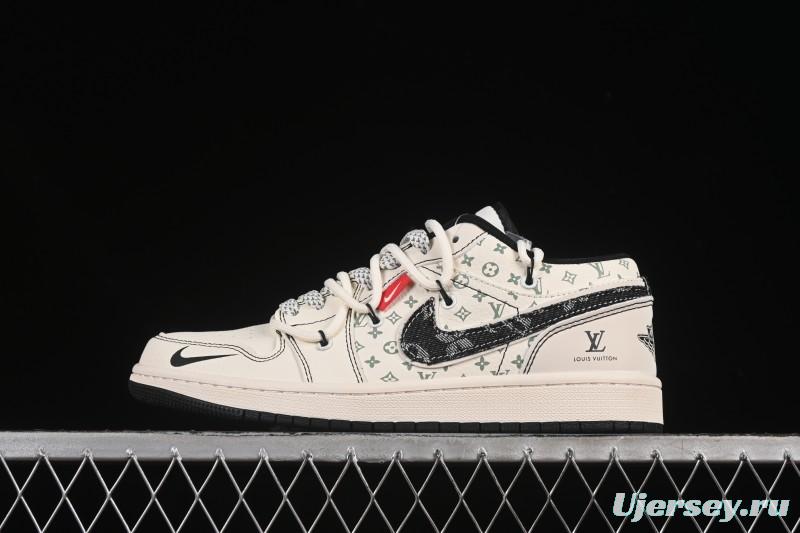 Nike Air Jordan 1 Low AJ1 Black Fabric Swoosh Drawstring High-End Custom Low-Top Retro Basketball Shoes - YX5066-356