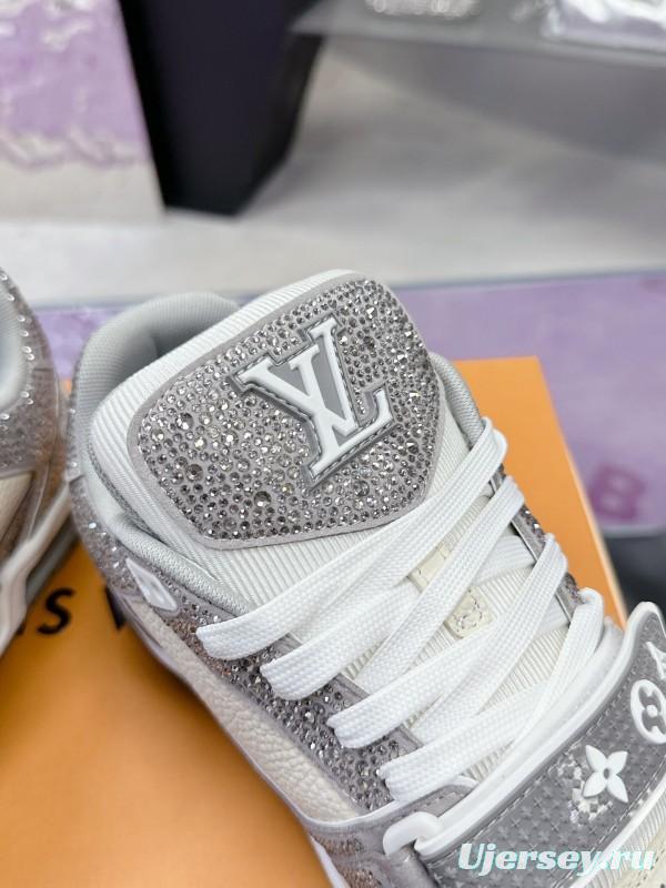 2025 Unisex Louis Vuitton Silver Grey White Leather Fabric Plimsolls Hand-Crafted Crystal AS00400