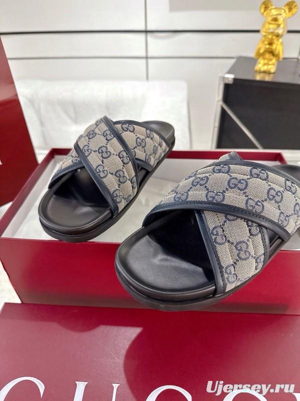 2025 Unisex Gucci Grey Black Canvas Slippers Double G Embossed AS00240