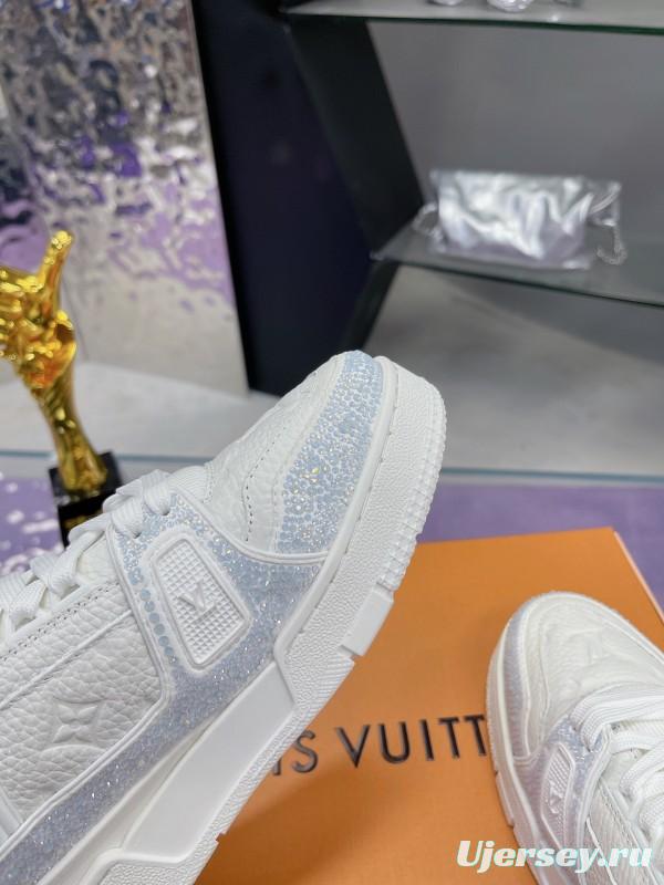 2025 Unisex Louis Vuitton White Leather Denim Trainers With Beads AS00400