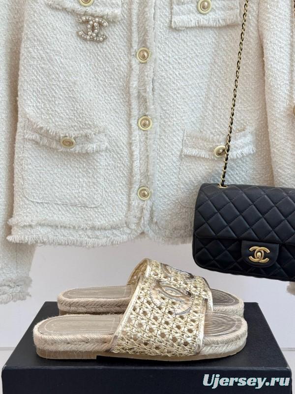 2025 Women Chanel Beige Custom Material Rope Sole Slippers Big CC Hollow Weave KFY00240
