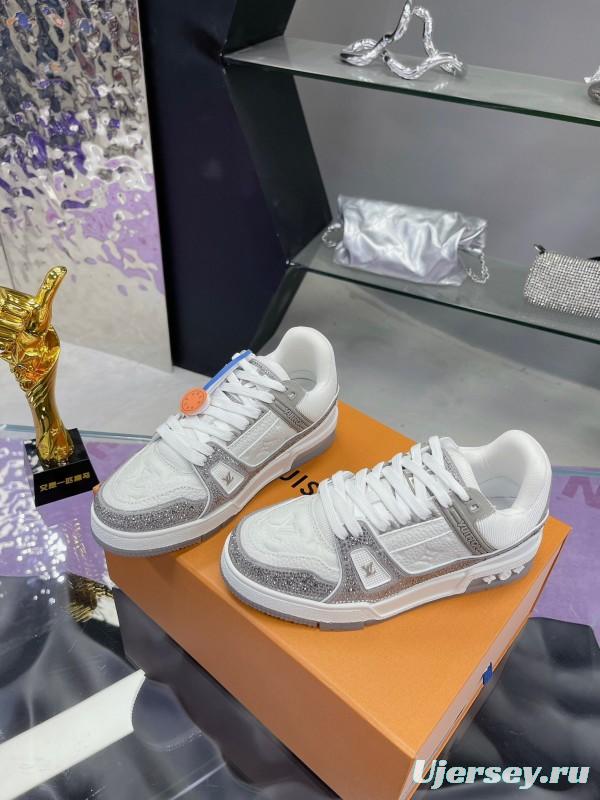 2025 Unisex Louis Vuitton White Silver Leather Fabric Plimsolls Handcrafted Crystals AS00400