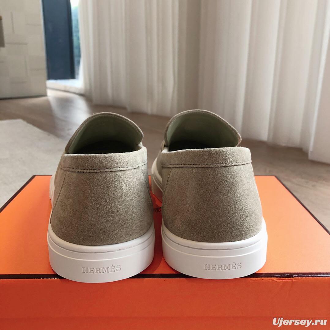 2025 Unisex Hermès Khaki Suede Leather Loafers AS00380
