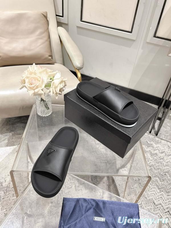 2025 Men Prada Black Leather Slippers KFY00220