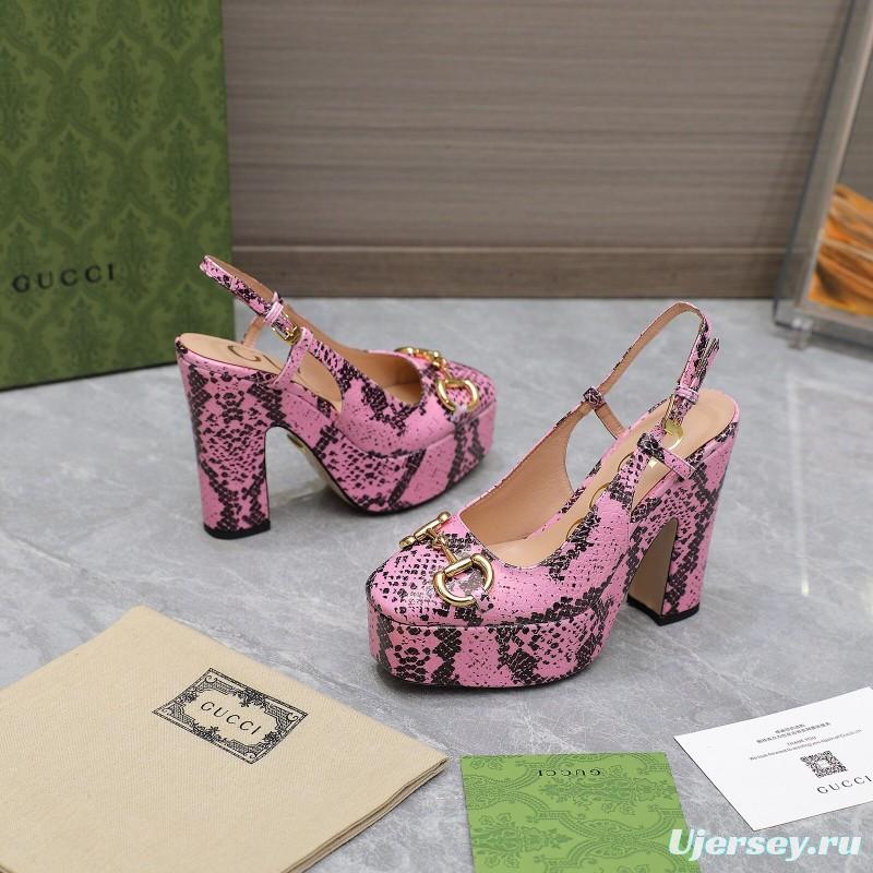 2025 Women Gucci Pink Black Leather Platform High Heels KFY00320