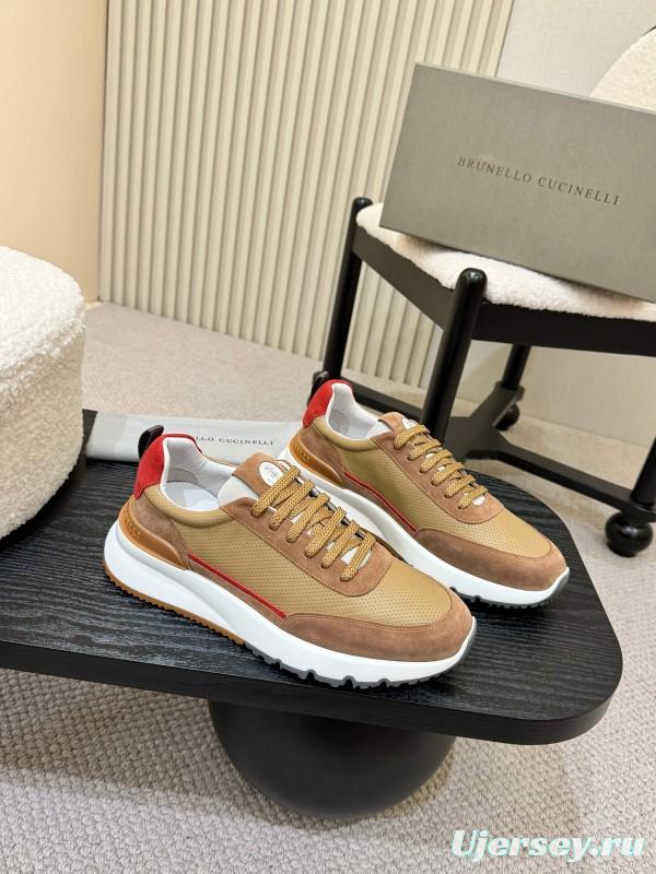 2025 Unisex Brunello Cucinelli Beige Brown Red Calfskin Mesh Sneakers AS00320