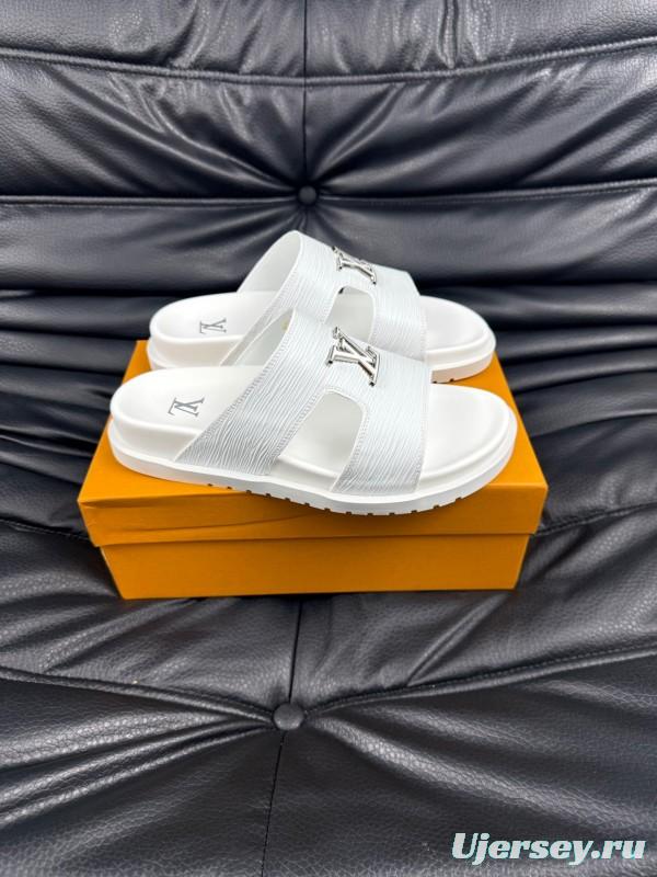 2025 Men Louis Vuitton White Leather Slippers AS00170