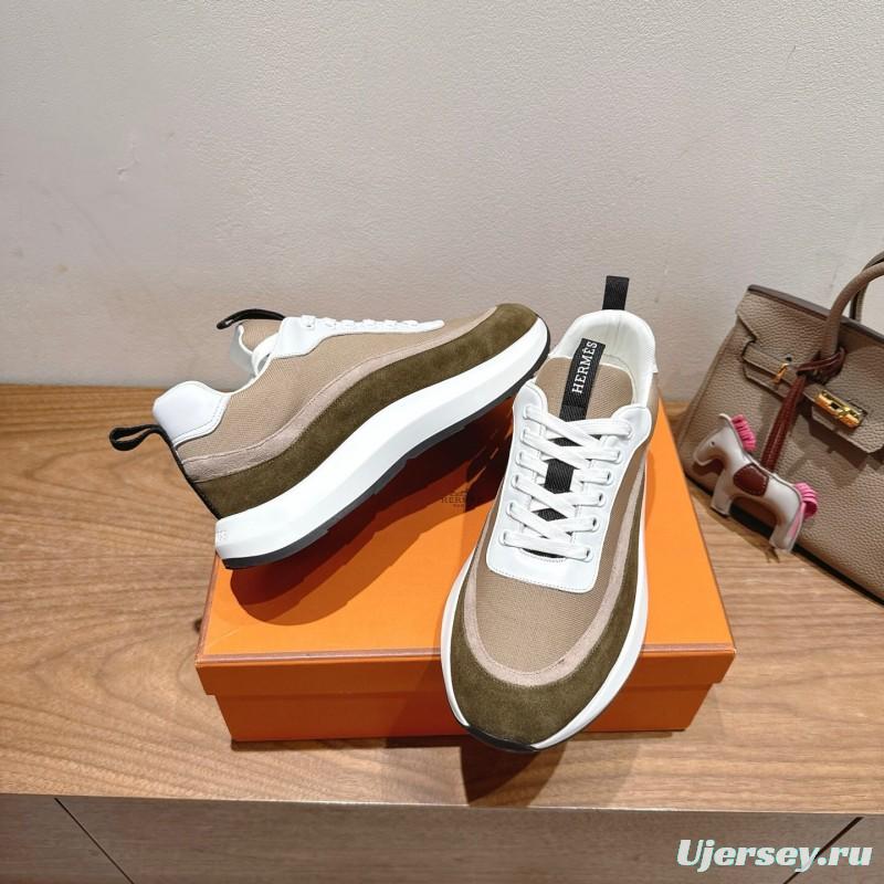 2025 Unisex HERMES White Beige Khaki Fabric Leather Sneakers AS00400