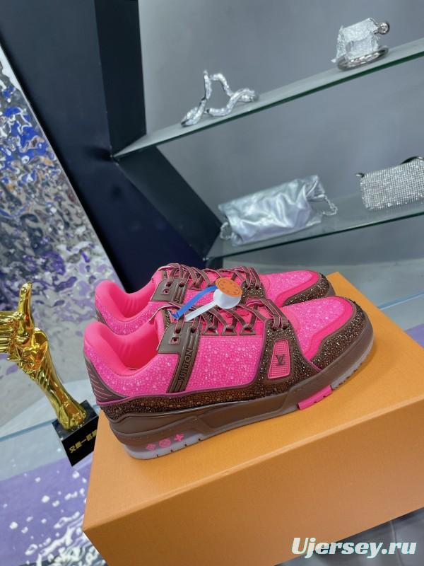 2025 Unisex Louis Vuitton Pink Brown Leather Canvas Plimsolls Handcrafted Crystals AS00400