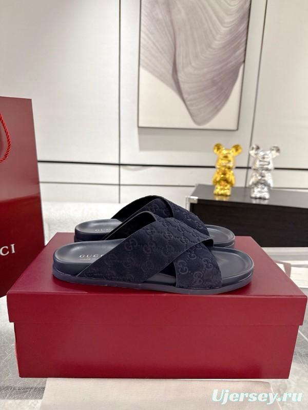 2025 Unisex Gucci Navy Fabric Slippers Double G Embossed AS00240