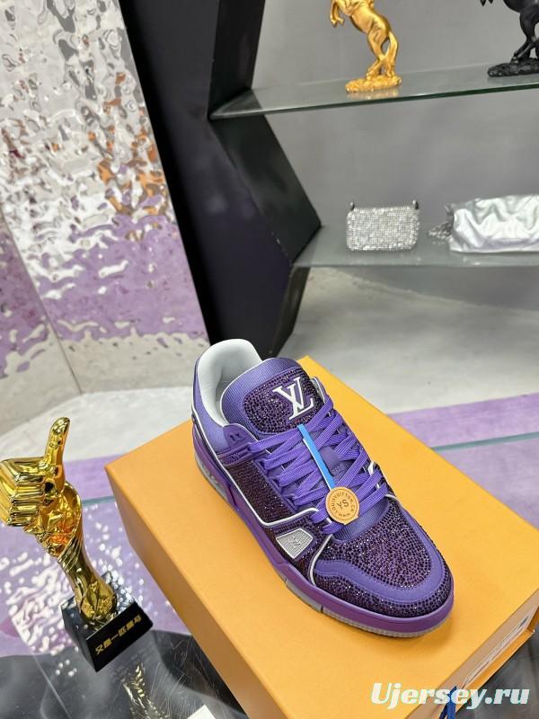 2025 Women Louis Vuitton Purple Blue Leather Plimsolls Handcrafted Rhinestone AS00400