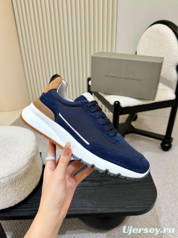 2025 Men Brunello Cucinelli Navy White Brown Calfskin Leather Sneakers AS00320