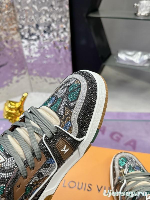 2025 Unisex Louis Vuitton Blue Grey Black Leather Fabric Sneakers Handcrafted Crystals AS00400