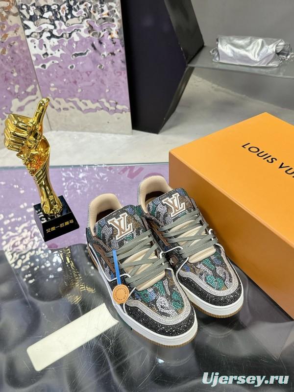 2025 Unisex Louis Vuitton Blue Grey Black Leather Fabric Sneakers Handcrafted Crystals AS00400