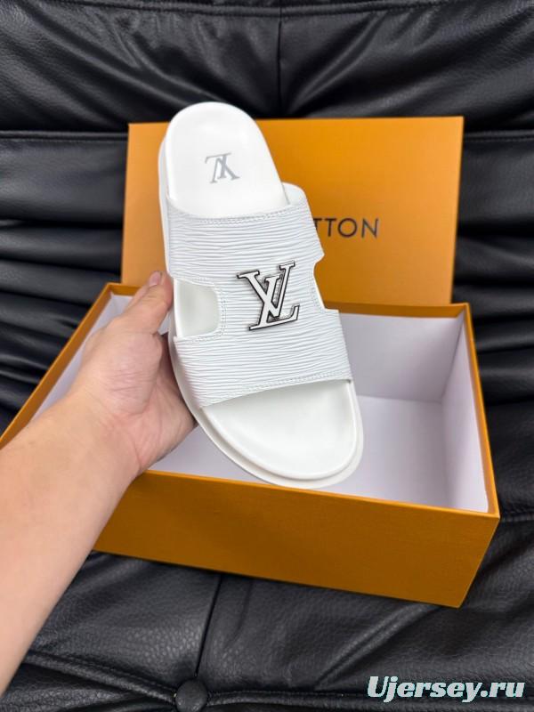 2025 Men Louis Vuitton White Leather Slippers AS00170