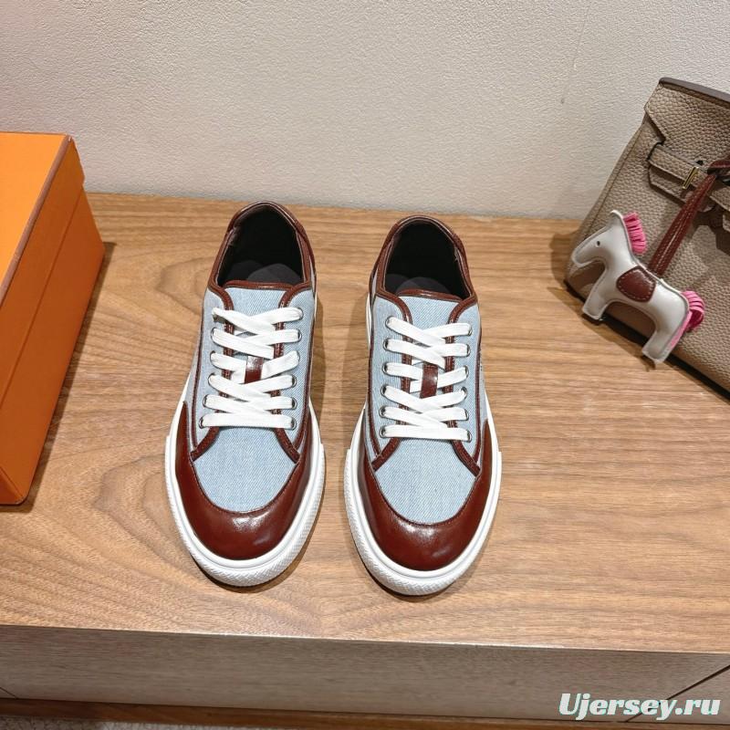 2025 Unisex H Brown Blue Leather Knit Sneakers AS00380